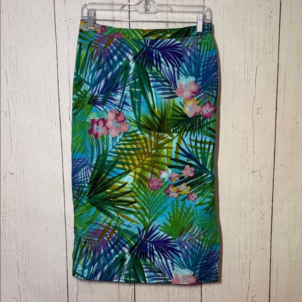 MAGGY LONDON Tropical Midi Green Multicolor Skirt Linen Cotton Blend Size 10